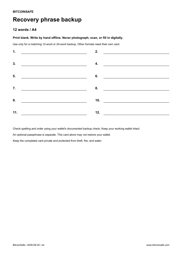 Blank recovery phrase sheet: 12 words, A4