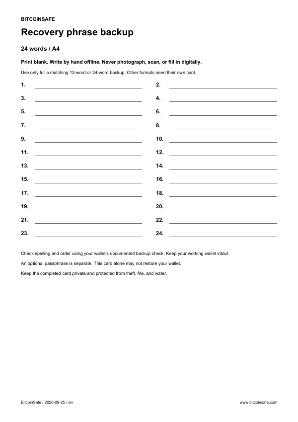 Blank recovery phrase sheet: 24 words, A4