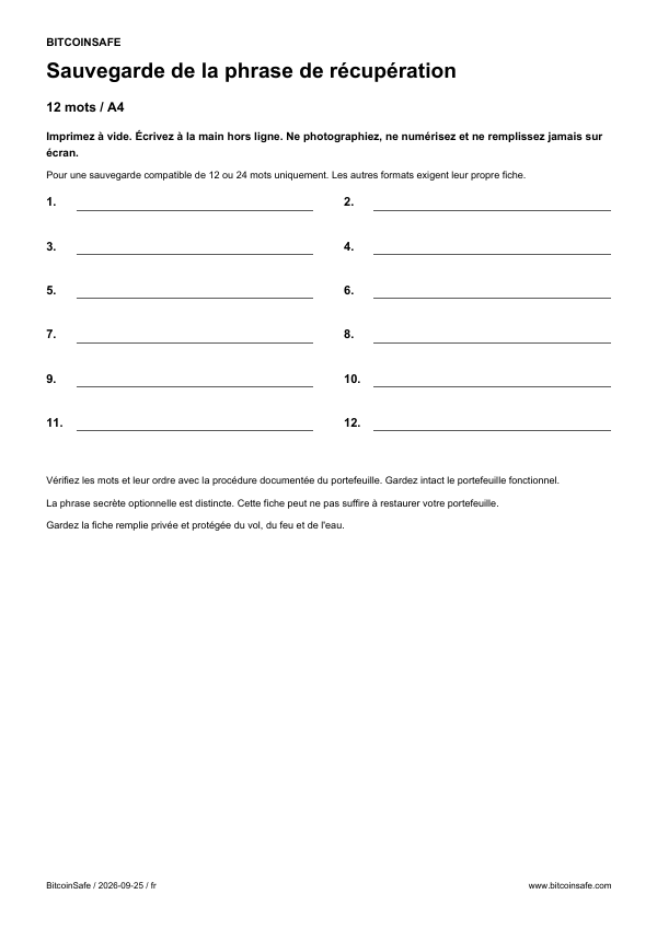 Feuille vierge pour la phrase de récupération: 12 mots, A4