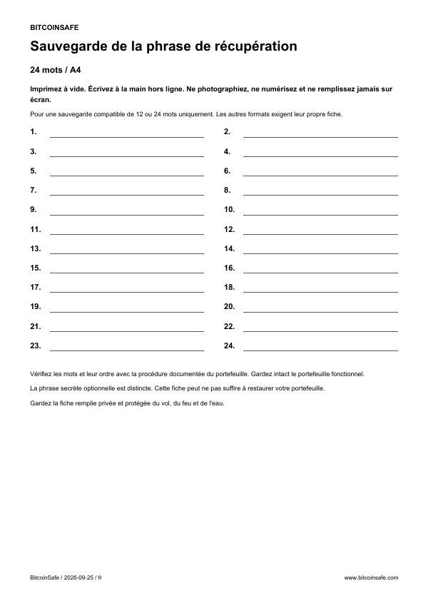 Feuille vierge pour la phrase de récupération: 24 mots, A4